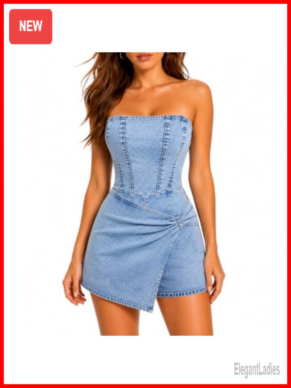 Strapless Stretch Denim Romper Wrap Jumpsuit Built-in Shorts